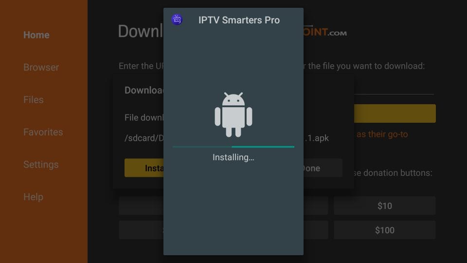 IPTV Smarters installation screenshot step 6 for Fire TV for Dream 4K IPTV device, app, sport or regional guidance