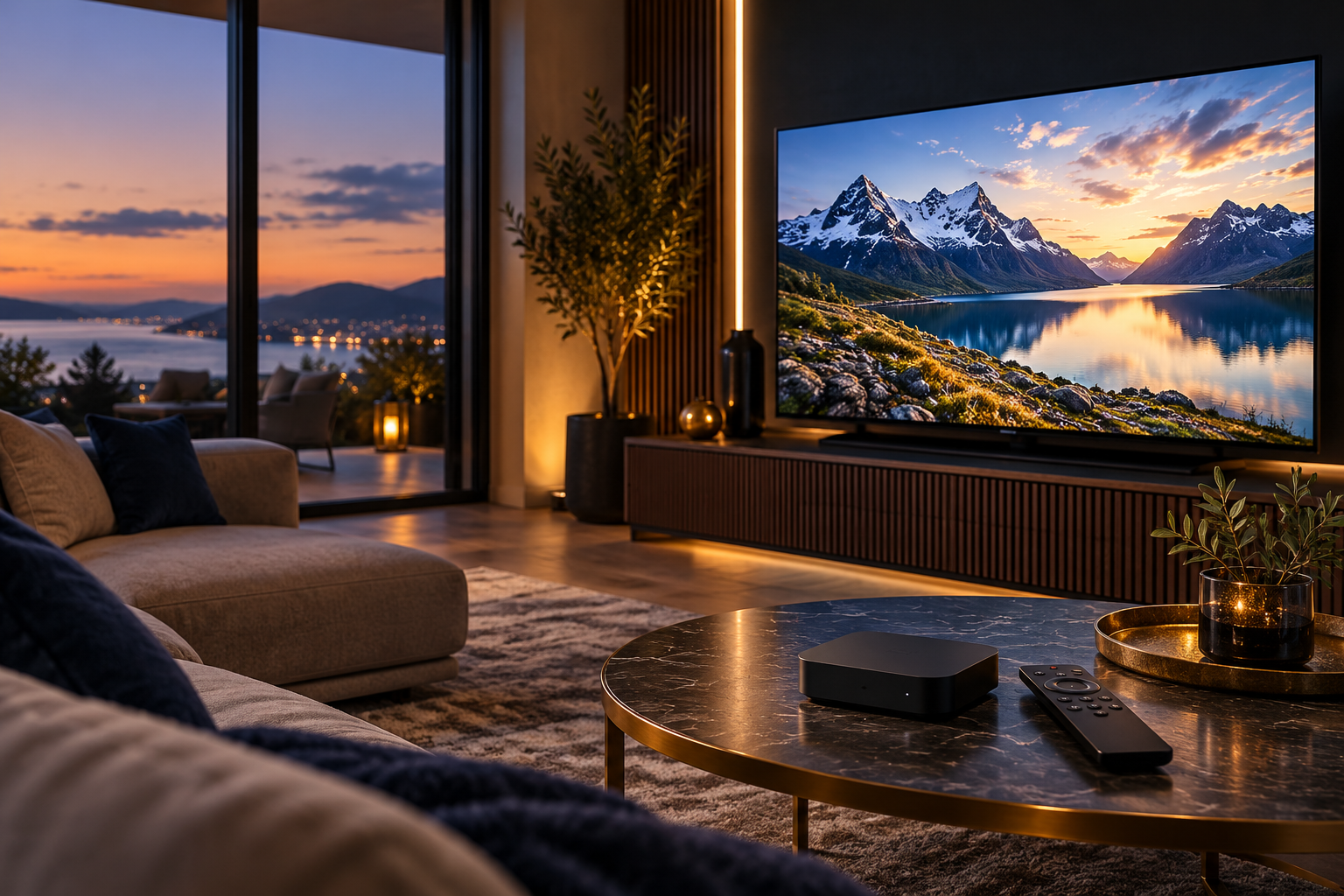 Home streaming setup with television, remote and streaming box