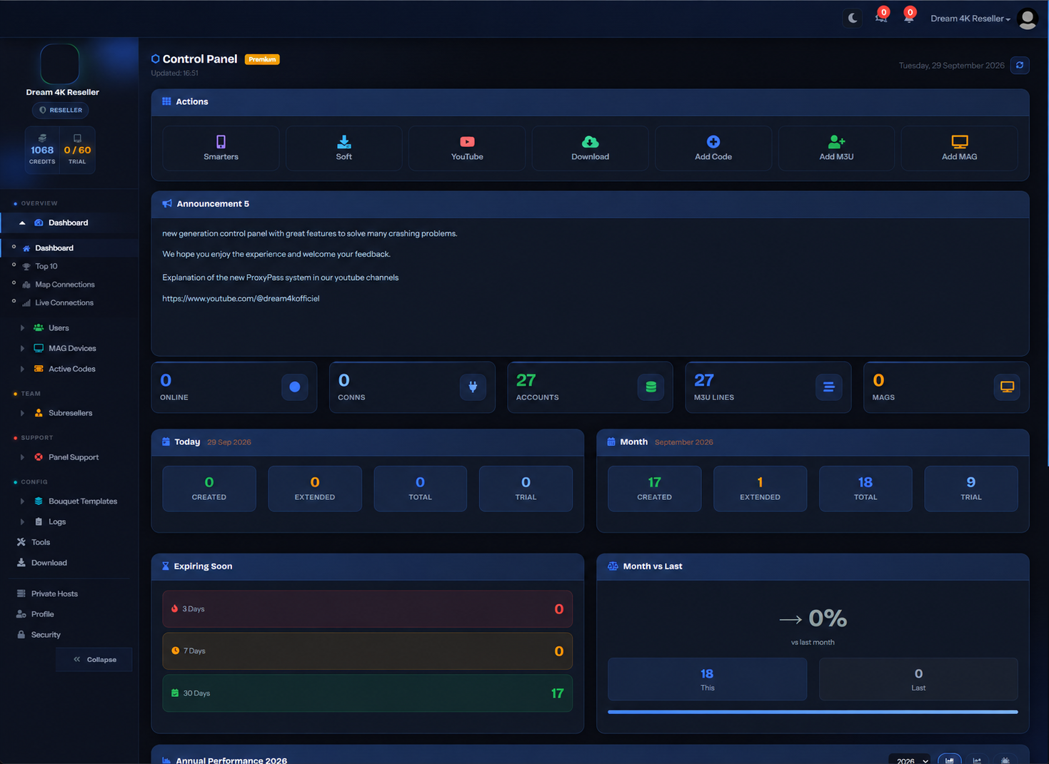Dream 4K reseller control panel preview with private account name removed