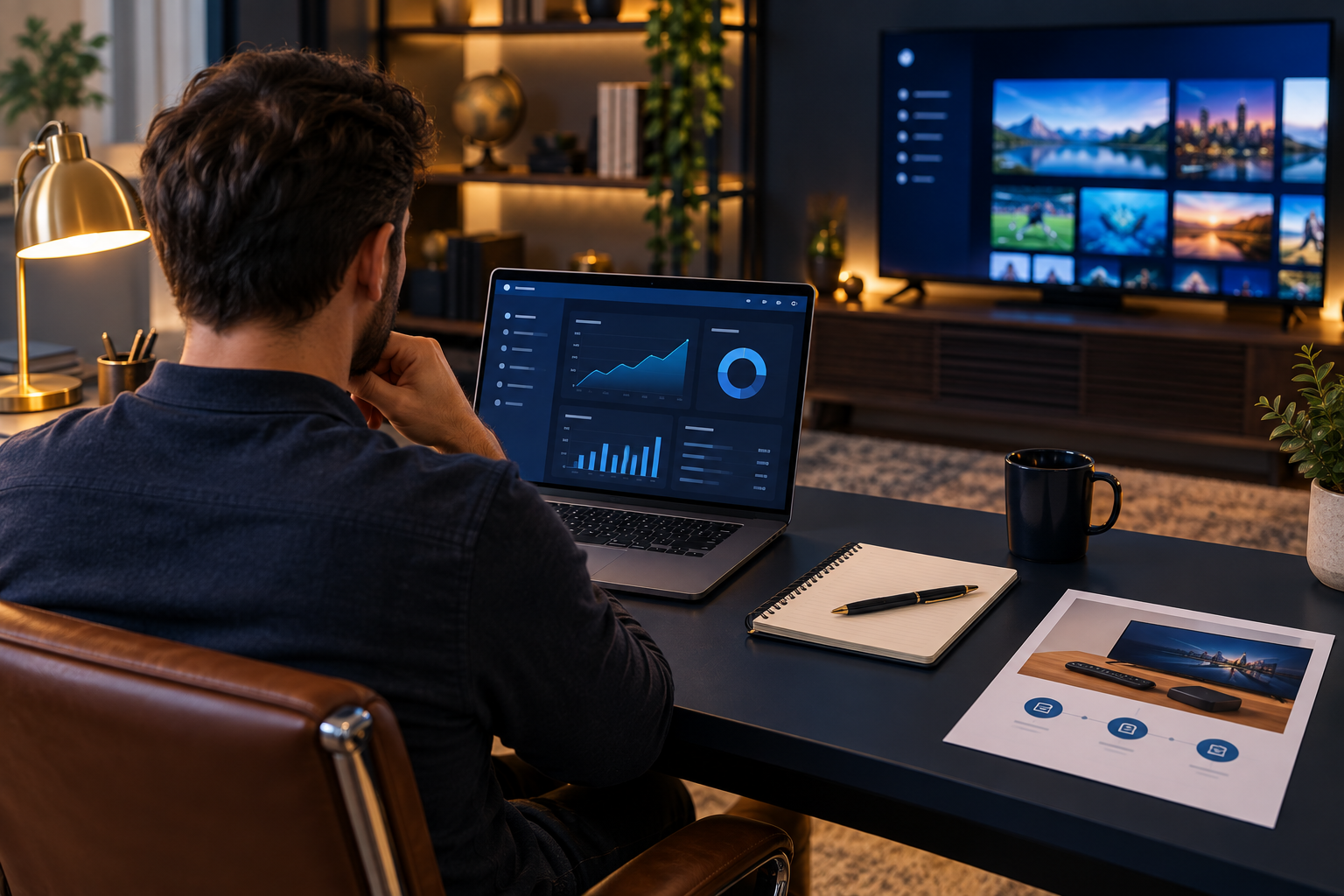 Reseller reviewing an illustrative subscription management dashboard at a desk