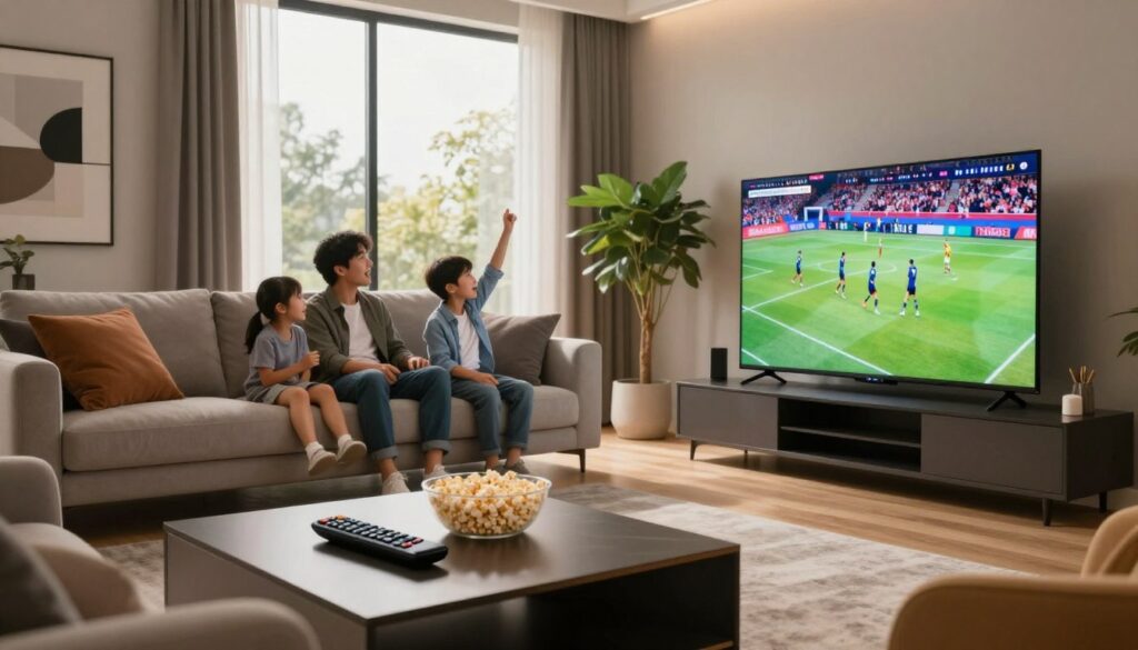 Bright living-room illustration with a seated viewer and a television showing football