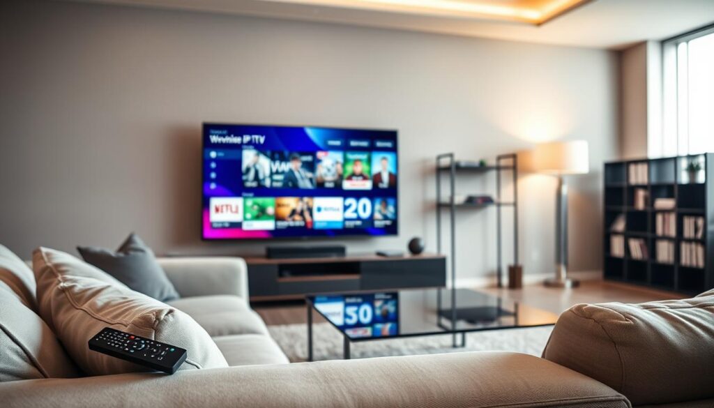 Bright living-room illustration with a television showing a tiled entertainment interface