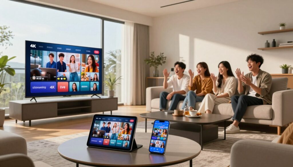 Living-room illustration with a group of viewers beside a television displaying colourful programme tiles