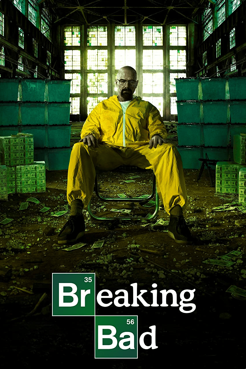 Breaking Bad poster artwork with a man in a yellow protective suit in a green room