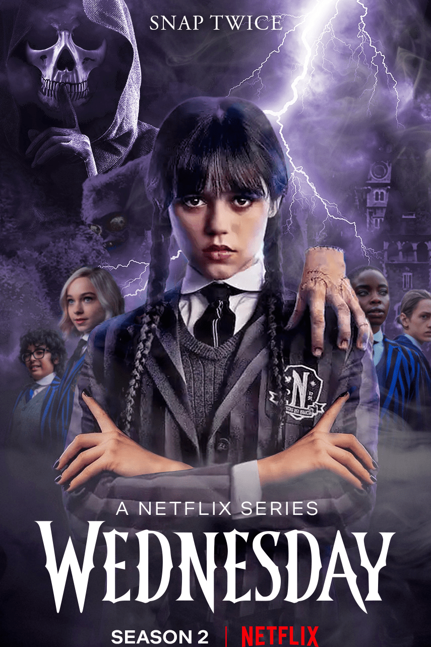 Wednesday ensemble poster artwork with a purple background