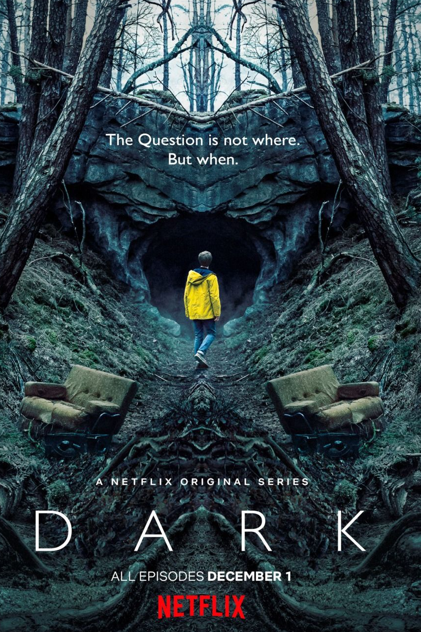 Dark poster artwork with a yellow-coated figure framed by a mirrored forest