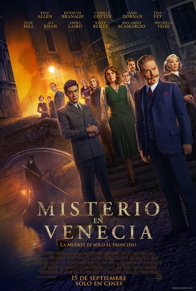 A Haunting in Venice ensemble poster artwork with the Spanish title Misterio en Venecia