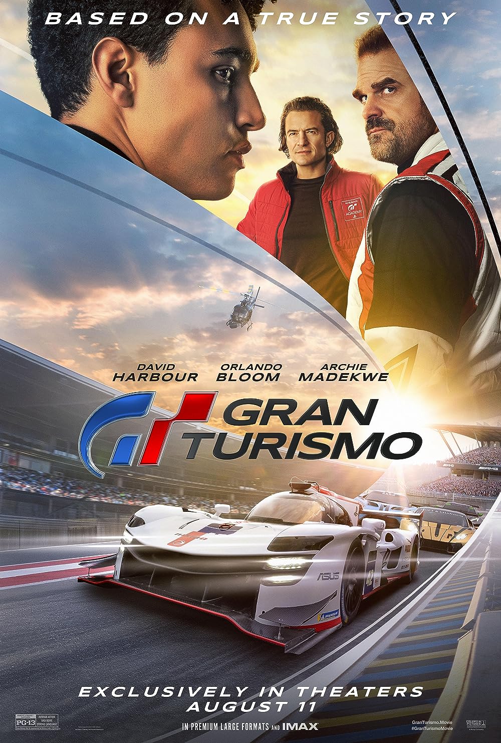 Gran Turismo film poster artwork with characters above cars racing on a circuit