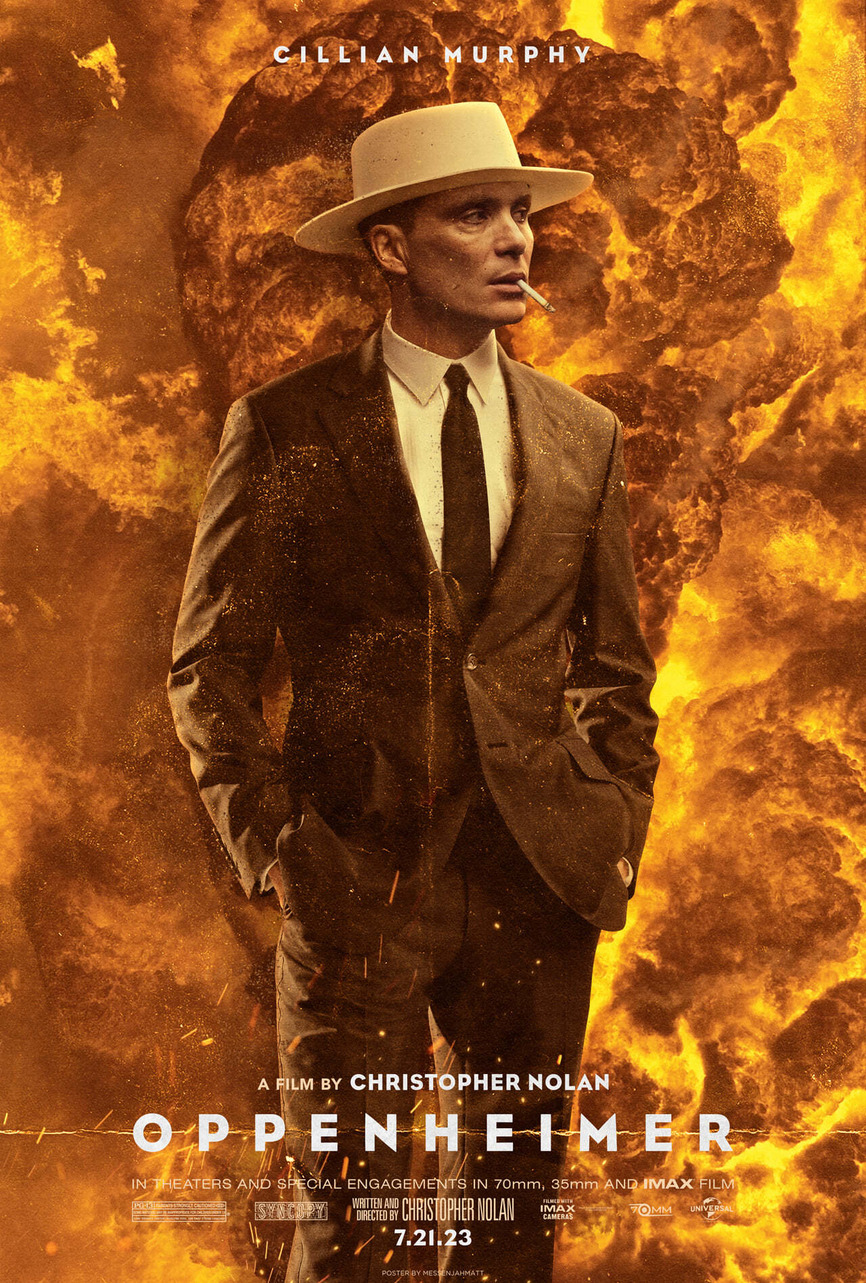 Oppenheimer poster artwork with a suited man and a fiery orange background